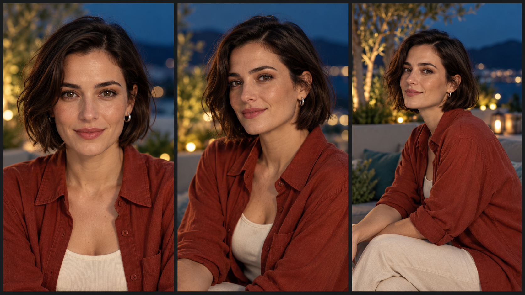 Three planned reference views of the same fictional adult woman, with matching dark bob, rust-red overshirt, and terrace setting.