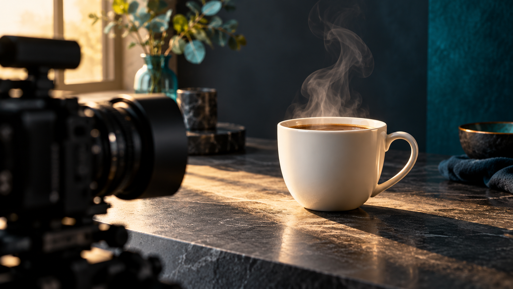 A film camera observes an ivory ceramic cup with rising steam in a softly lit studio.